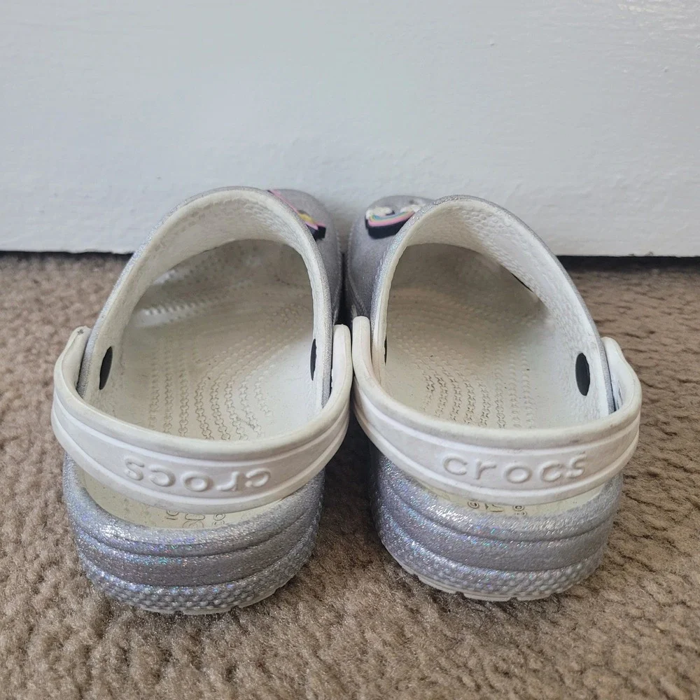 Crocs Kids 11 Classic Glitter Clog Silver Sparkle Unicorn Rainbow‎ Charms Shoes
